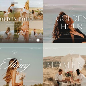 Puede incluir: Un collage digital de ajustes preestablecidos de fotograf&iacute;a con el texto GOLDEN BOHO, GOLDEN HOUR, Honey y MOMENTS. Las im&aacute;genes muestran varias escenas al aire libre con iluminaci&oacute;n c&aacute;lida, incluyendo parejas e individuos en campos y junto al agua.