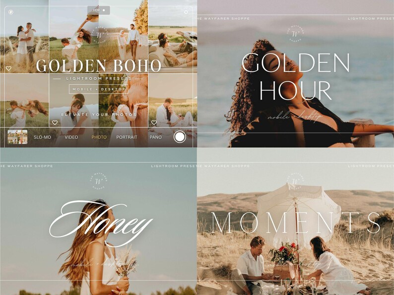 Puede incluir: Un collage digital de ajustes preestablecidos de fotograf&iacute;a con el texto GOLDEN BOHO, GOLDEN HOUR, Honey y MOMENTS. Las im&aacute;genes muestran varias escenas al aire libre con iluminaci&oacute;n c&aacute;lida, incluyendo parejas e individuos en campos y junto al agua.