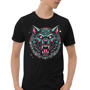 May include: A black t-shirt with a colorful graphic of a wolf's head with glowing eyes. The wolf is snarling with its mouth open and teeth showing. The graphic is surrounded by a pink and blue halo.
