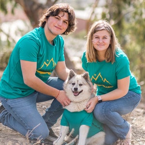 Matching Dog and Owner Hiking Shirts by Fetch The Sun in Teal, Organic Cotton Matching Pet Clothes for Small & Large Breeds, Pet Owner Gift