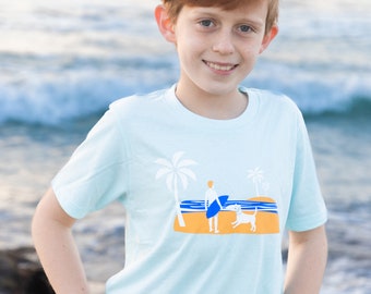 Boys Surf Shirt in Light Blue by Fetch the Sun, Gift for Dog Loving Kid or for Back to School, Dog Themed Beach Tee, One of a Kind T-Shirt