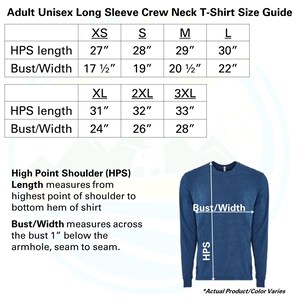 Measurement chart for adult long sleeve Fetch The Sun t-shirts in inches for bust and high point shoulder. If you need help, please email us.