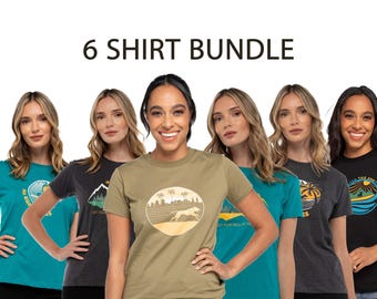 6 Pack Organic Cotton Women's T-Shirts | Hiking, Surfing, Running Designs | Dog Mom Prints
