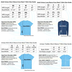 Measurement chart for adult long sleeve and shirt sleeve and for toddler and youth Fetch The Sun t-shirts in inches for bust and high point shoulder. If you need help, please email us.