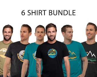6 Pack Organic Cotton Men's T-Shirts | Hiking, Running, Surfing Designs | Dog Dad Prints