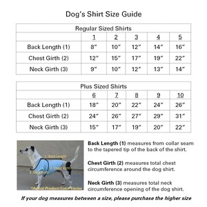 May include: A dog shirt size guide chart featuring two tables for regular and plus sized shirts with measurements in inches. It includes a diagram of a dog wearing a light blue shirt with labels for back length, chest girth, and neck girth.