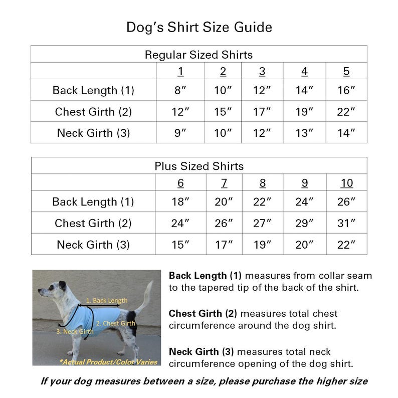 May include: A dog shirt size guide chart featuring two tables for regular and plus sized shirts with measurements in inches. It includes a diagram of a dog wearing a light blue shirt with labels for back length, chest girth, and neck girth.