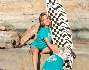 Matching Dog and Owner Surf Shirts by Fetch The Sun in Teal, Organic Cotton Matching Pet Clothes Fits Small & Large Breeds, Dog Lover Gift