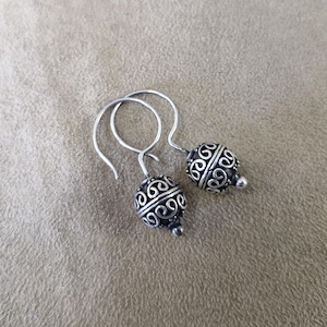 Bali Silver Drop Dangle Earrings Sterling Ball Hook Earrings Filigree Granulation Modern Boho Style Everyday Wear 925 Stamped