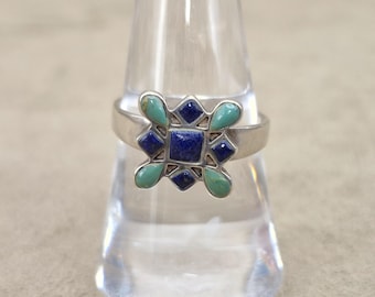 Anello in argento sterling 925 con lapislazzuli e turchese, stile boho hippie tribale, con pietre preziose e motivo floreale. Misura: 8 1/2 US, Q 1/2 UK/AUS.