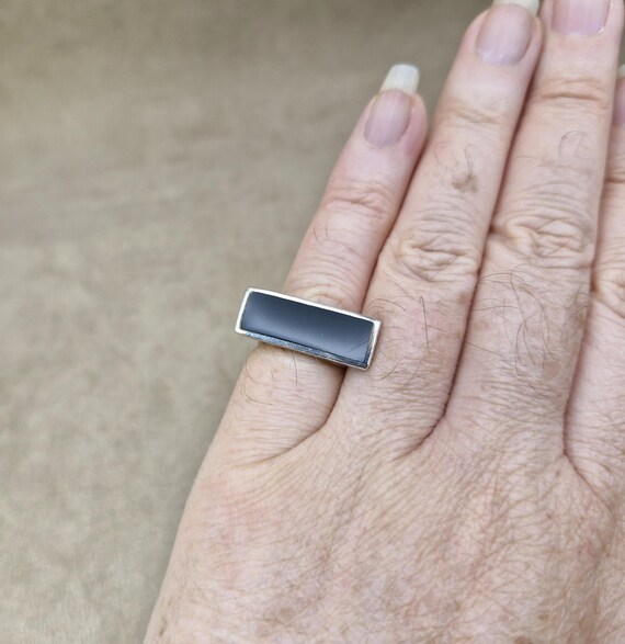 Sterling Onyx Ring Rectangular Silver Modernist M… - image 6