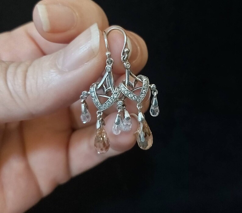 VintageVictorian Bridal Austrian Crystal Drop Two WayTwo-in-One Earrings CZ Versatile. Delicate Sterling Silver SilverCrystalPeach