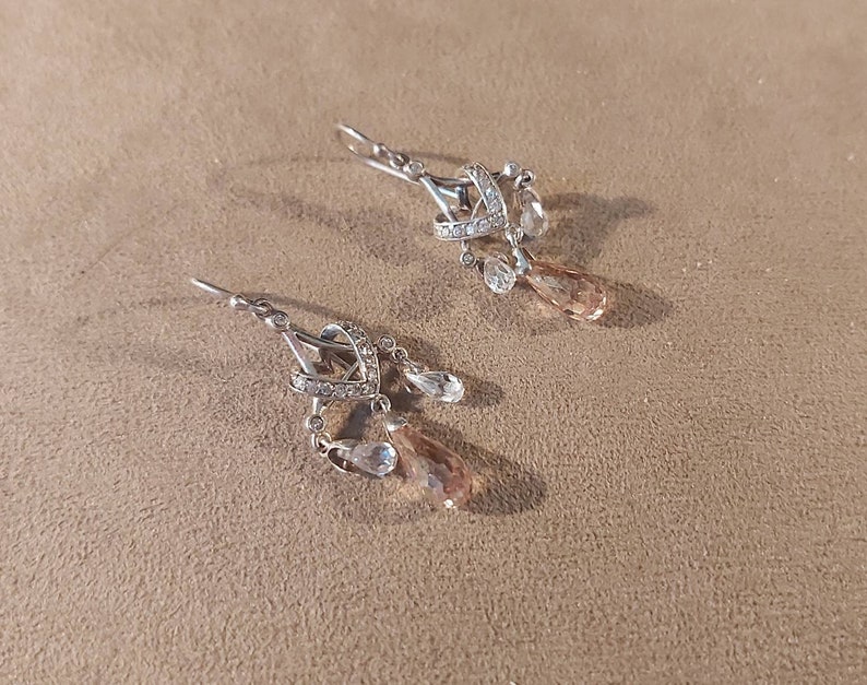 VintageVictorian Bridal Austrian Crystal Drop Two WayTwo-in-One Earrings CZ Versatile. Delicate Sterling Silver SilverCrystalPeach