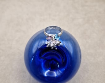Anillo Cha Cha, plata de ley/cuentas de cristal austriaco, anillo de cóctel, anillo cinético, vintage, hecho a mano, azul/rosa, talla 8.5 (EE. UU.)