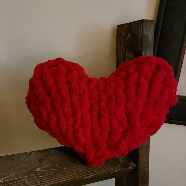 Heart Shaped Pillow,chunky knit, Valentine's day, decor,red,knit,yarn