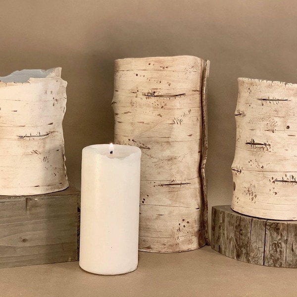 Ceramic Hand Built Aspen Tree Vase / Candle Votive