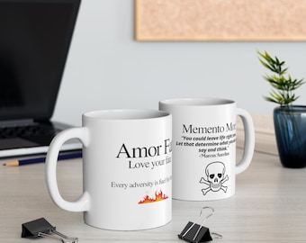 Amor Fati Memento Mori Ceramic Mug 11oz novelty stoic mug stoicism Marcus Aurelius quote