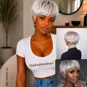 Beautiful Pixie Cut straight Wig, Silver Short Bob color Wig with No Lace Brazilian Human Hair, 180% Density