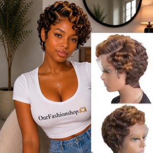 May include: A short, curly pixie cut wig featuring dark brown hair with honey-blonde highlights. The wig has a side part and a lace front construction, shown on a model and on two mannequin heads from side and profile angles.