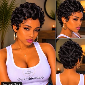 May include: A short, natural black wig with tight, defined curls styled in a pixie cut. The hair features a glossy finish and is worn with gold hoop earrings and a white tank top with the text Jaye's marketplace! OurFashionshop.