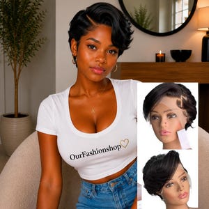 May include: A short black pixie cut wig with a side part and lace front, displayed on a mannequin head in two different angles. The wig features layered, dark hair styled in a smooth, voluminous fashion with a visible lace hairline edge.
