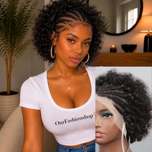 May include: A black curly wig featuring intricate cornrow braids along the front hairline. The wig is displayed on a mannequin head, showcasing a lace front construction with tight, voluminous curls and a natural-looking hairline transition.