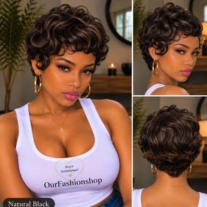 May include: A short, curly wig with dark brown and black highlights. The hair is styled in a pixie cut with soft waves. The wig is displayed on a model wearing a white tank top with the text Jaye's marketplace! OurFashionshop.