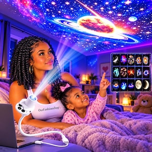 May include: A white galaxy projector with a flexible neck and USB cable, displaying a vibrant projection of a planet with rings and stars on the ceiling. A grid of fifteen interchangeable circular projection slides is visible on the right side.