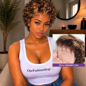 May include: A short curly wig with brown and blonde highlights, featuring a lace front construction. The hair has a tight, textured curl pattern with dark roots and lighter blonde tones throughout. An inset shows the lace front detail.