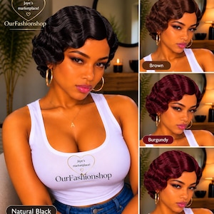May include: A short wig with finger waves in four color variations: natural black, brown, burgundy, and a darker red. The wig features a side part and a textured, wavy style. Text on the image reads Jaye's marketplace! OurFashionshop.