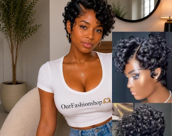 Pixie Cut Deep Curly Human Hair Wig, Short Bob Body Wave Wig with Transparent 13x6x1 Lace and Side Part. Brazilian Human Hair, 150% Density