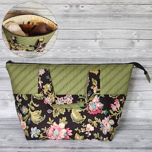 Floral Needlework Project Bag, Green & Black Fabric, Knitting Crochet Tote