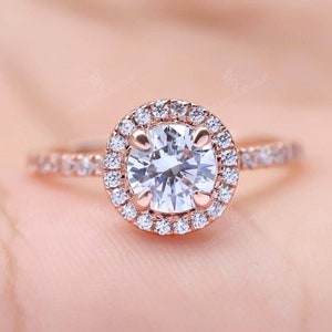 Round Cut Halo Moissanite Engagement Ring with accent Stone Half-Eternity Pave Vintage Moissanite Ring in 14K Anniversary Gifts For Women