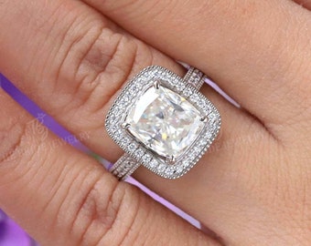 Vintage Engagement Ring Cushion Halo Moissanite Ring 3CT Colorless Cushion Moissanite Engagement Ring Milgrain Classic Gold Wedding BandRing