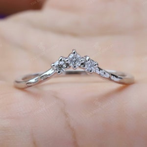 Vintage Moissanite Wedding Band Moissanite V Ring 10KWhite Gold V Shaped Chevron Ring Handmade Stacking Matching Band Bridal Promise Ring