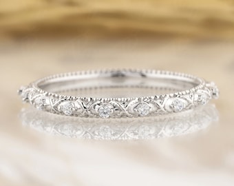 Vintage Moissanite Wedding band Art deco Full eternity engagement band 14K Yellow gold Stacking matching band Unique bridal Milgrain band