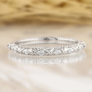 Vintage Moissanite Ehering Art-Deco Volle Ewigkeit Verlobungsring 14K Gelbgold Stapeln passende Band Einzigartige Braut Milgrain Band