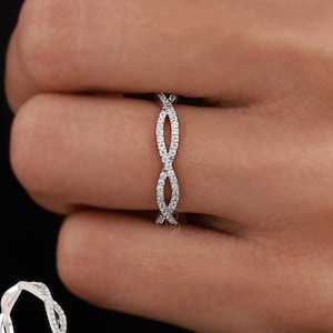 Moissanite Infinity wedding band full eternity band twisted delicate twining micro pave bridal dainty stacking promise ring anniversary gift