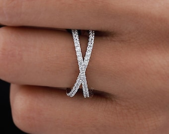 Pave Set X Ring Criss-Cross Moissanite Band Wedding Anniversary Band Promise Stackable Matching Band 925 Sterling Silver Crossover Band Ring