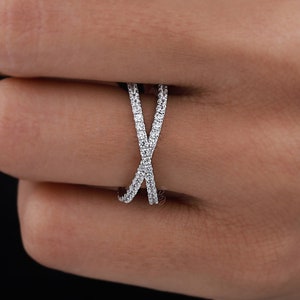 Pave Set X Ring Criss-Cross Moissanite Band Wedding Anniversary Band Promise Stackable Matching Band 925 Sterling Silver Crossover Band Ring