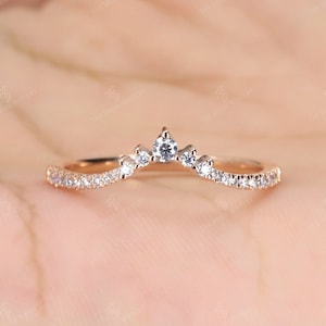 Moissanite Curved Stacking Band 14K Rose Gold Wedding Ring Vintage Moissanite Wedding Matching Band Unique Moissanite Curved Matching band