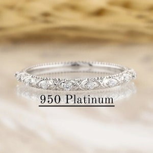 950 Platinum Vintage Band, Platinum Moissanite Wedding band, Platinum Art deco Full eternity Bridal band, Stacking matching Platinum band