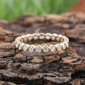 Conjunto de aro de 2 mm, anel de casamento com bolhas de moissanita, presente de aniversário, anel eterno, anel com pontos de diamante, conjunto de aro de ouro 14K, anel completo, aliança eterna