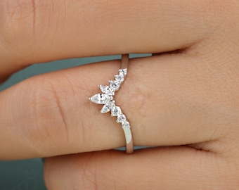 Vintage Tiara Ring Marquise And Round Moissanite ring Unique Tiara Curved Stacking Ring Chevron Tiara Promise band Vshape Bridal Dainty Ring