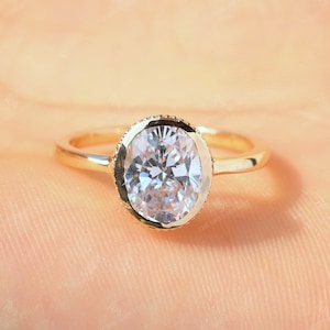 Oval Solitaire Diamond Ring / Rose Gold Solitaire Engagement Ring / Colorless Oval Art Deco Ring / Unique Bezel Set Diamond Ring For Girls