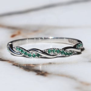 Half Eternity Twisted wedding band, White gold Wedding Band women delicate unique twining micro pave bridal matching dainty stacking Ring
