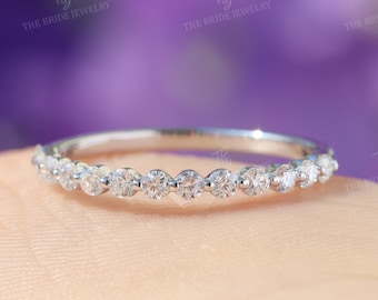 Bubble Prong Set Wedding Band Half Eternity Stackable Matching Band 10K/14K/18K Solid White Gold Minimalist Moissanite Anniversary Gift Band