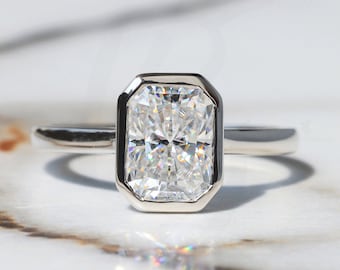 1.00CT to 10.00CT Radiant Cut Moissanite Ring 3CT 14K Bezel Set Solitaire Low Profile Handmade Engagement Ring For Women Mother&#39;s Day Gift