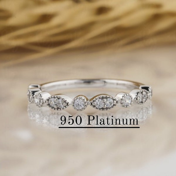 950 Platinum Vintage Milgrain Moissanite Diamond Women's Wedding Band ArtDeco Band Milgrain Marquise and Dot Shaped Stacking AnniversaryRing