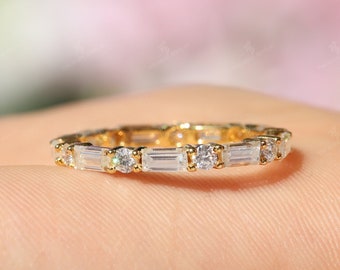 Moissanite Wedding Band Full Eternity Baguette and Round Moissanite Ring Stackable Matching Band 14K Yellow Gold Ring Anniversary Gifts her